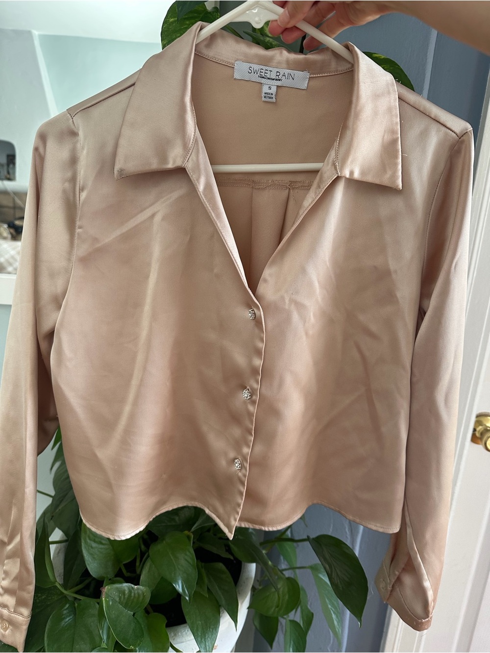 Sweet Rain Satin Button-Up Blouse in Blush Nude